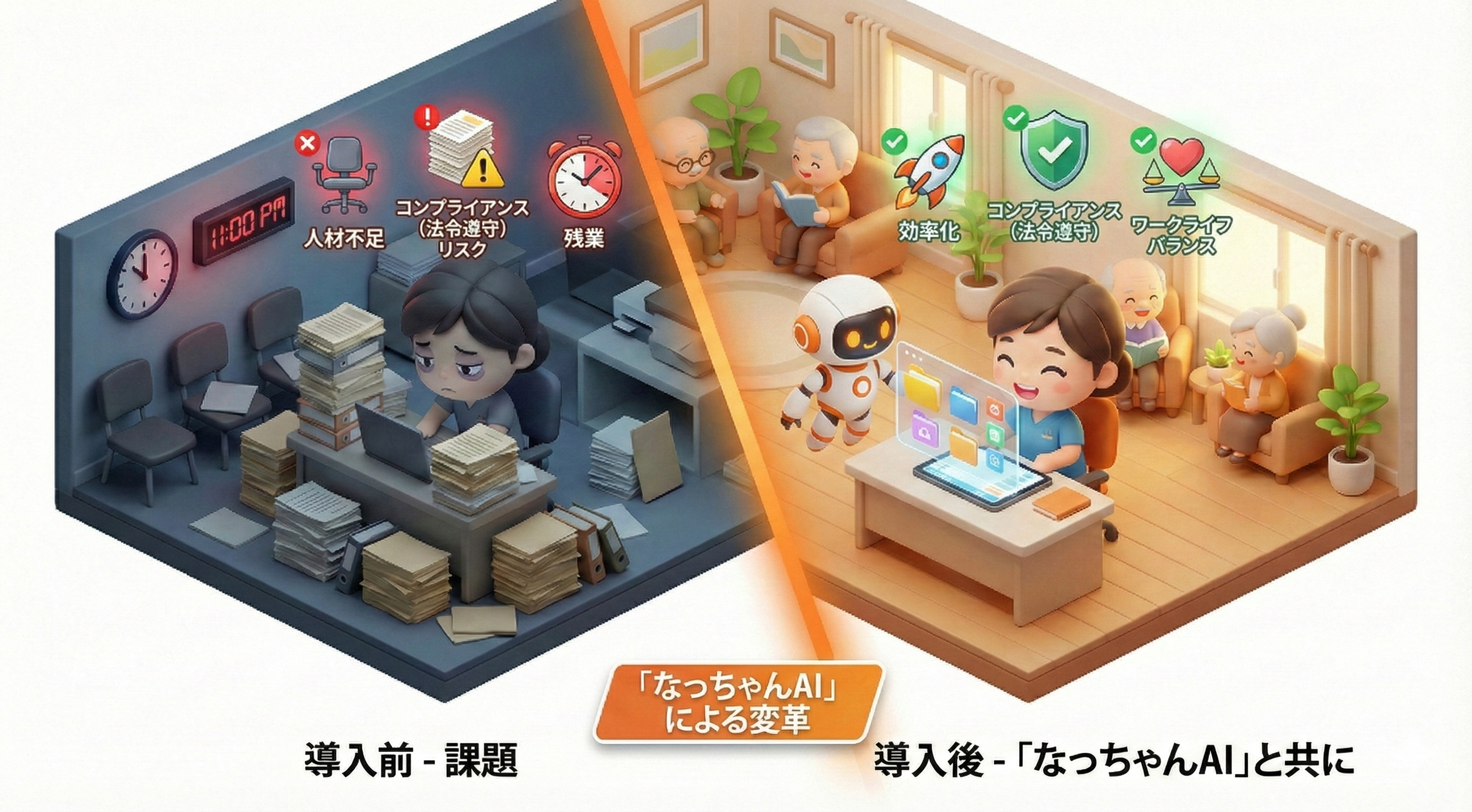 なっちゃんAI 導入前の課題と導入後の変革 - 人材不足・コンプライアンスリスク・残業から、効率化・法令遵守・ワークライフバランスへ